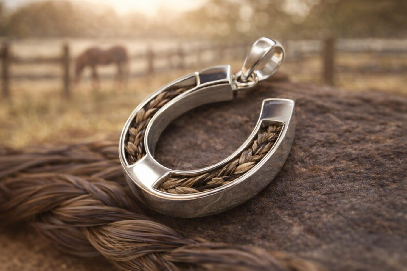 Silver Memorial Horsehair Pendant Silver horseshoe pendant with intricate wooden inlay, set against a natural background.