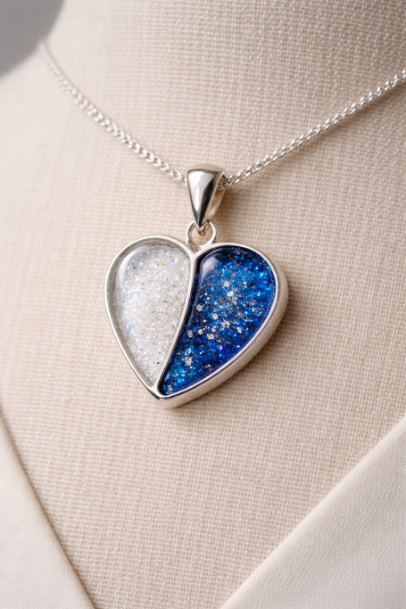 Silver heart-shaped pendant featuring blue and white shimmering sections.