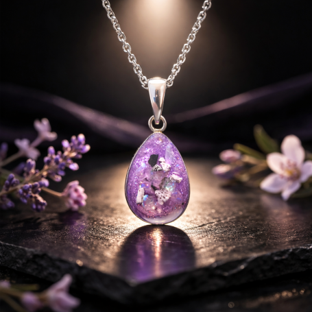 Amethyst pendant necklace on a dark background with small flowers.