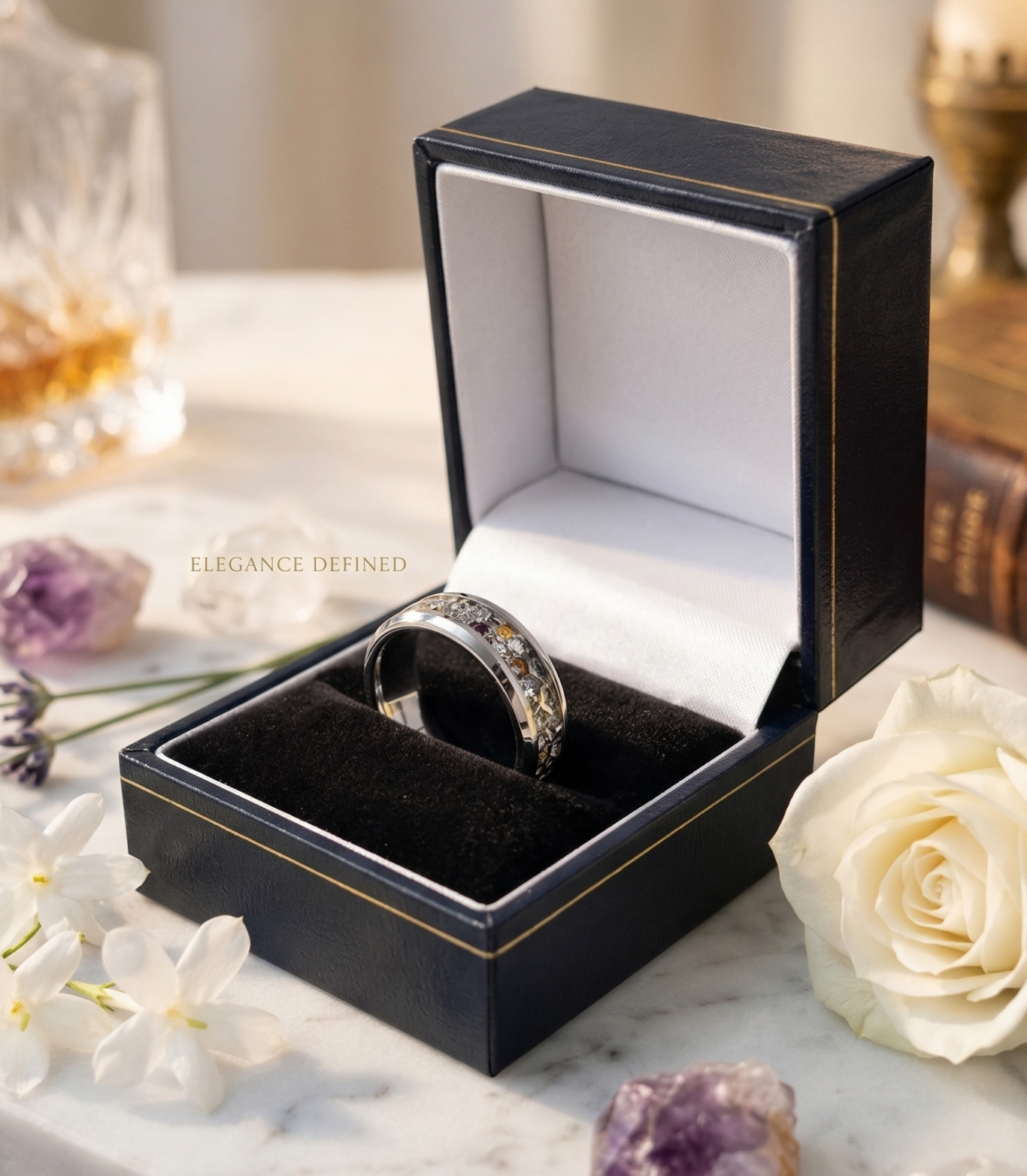 Silver Memorial ashes, hair or fur Ring A silver ring displayed in a black box, surrounded by flowers and decorative items.