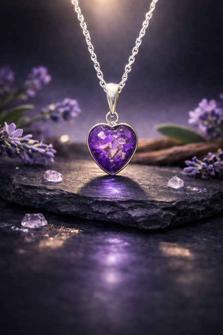 Purple heart-shaped pendant necklace with floral details, surrounded by lavender flowers.
