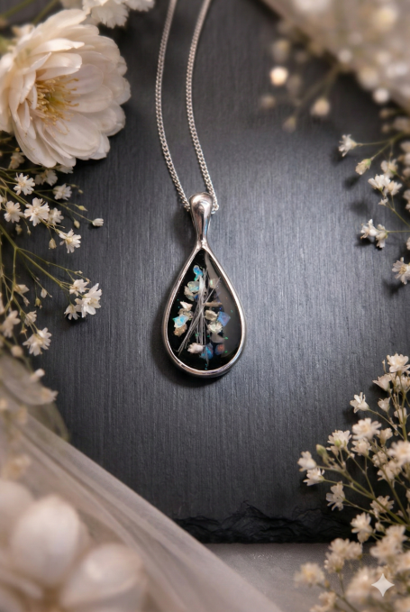 Silver tear-drop pendant with iridescent inlay, surrounded by flowers on a dark background.