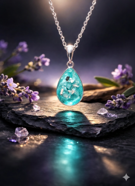 Turquoise teardrop pendant necklace with floral embellishments and purple flowers.