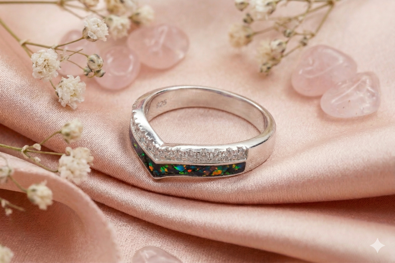 Solid Silver Memorial ashes, hair or fur Ring Silver ring with colourful inlay, surrounded by pink fabric and small flowers.