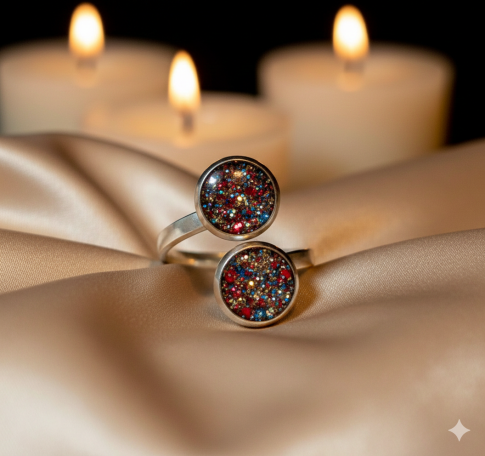 A decorative ring with colourful sparkling stones, set against soft fabric and lit candles.