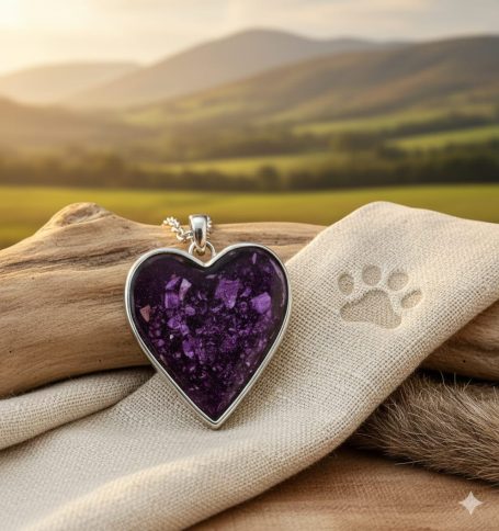 Heart-shaped pendant with purple crystals next to a paw print on soft fabric and a landscape background.