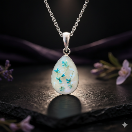 Teardrop pendant necklace with blue floral design on a reflective surface.