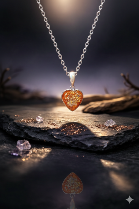 Silver heart-shaped necklace pendant with intricate design, set against a dark, reflective background.