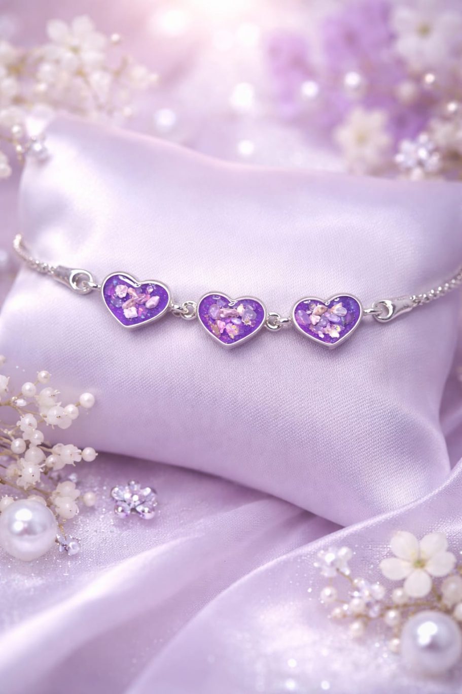 Silver bracelet with three purple heart-shaped charms on a soft lavender cushion.